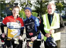  ??  ?? Sheila Morrissey, Kathy Cronin (Kilcummin) participan­ts in the Kerry Pieta 100 Cycle with volunteer Tadhg Ryan.