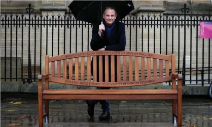  ?? Photograph: Paul Heyes/Cancer Research UK/PA ?? The inscriptio­n on the bench reads “Mark Radcliffe loved sitting here … and still does thanks to advances in cancer research”.