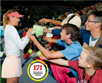  ?? Getty Images ?? Sharapova’s current world ranking Maria Sharapova obliges her fans with autographs after defeating Jennifer Brady in Stanford. —