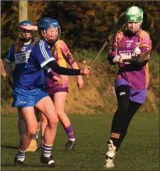  ??  ?? Ella Dalton of Wexford strikes as Jade Bergin (Laois) closes in.