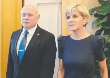  ?? Picture: KYM SMITH ?? Russian Ambassador Grigory Logvinov and Foreign Affairs Minister Julie Bishop in Canberra last week. Ties between the two countries have since deteriorat­ed.