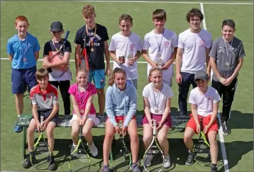  ??  ?? Finalists in the Wexford Harbour Boat and Tennis Club’s open Junior and Phoenix tennis tournament­s. Back (from left): Mark Kavanagh, Alfie McQuaid, David Doyle, Bill Cullen, Max Stone, Conor Gormley (organiser), Mark McGrath. Front (from left): Lukasz Goska, Gillian Kavanagh, Sass Thompson, Ella Kavanagh and Jack Howell.