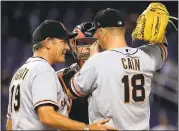  ?? MIKE EHRMANN — GETTY IMAGES ?? Matt Cain has been under the tutelage of pitching coach Dave Righetti, left, for all 13 years of his major league career. Cain’s contract expires after the season.