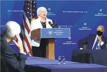  ?? ALEX WONG GETTY IMAGES ?? Nominee for the U.S. Secretary of the Treasury, Janet Yellen, speaks at an event where the president-elect unveiled his economic team. Yellen called the economic fallout from the pandemic “an American tragedy.”