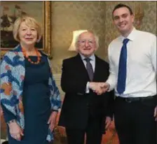  ??  ?? Carl Rice (above) and Jennifer Page (below) from Go Greener with Grangecon meeting President Michael D Higgins and his wife Sabina at Áras an Uachtaráin.