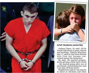  ??  ?? Murder charges: Nikolas Cruz in court last night Grief: Students yesterday