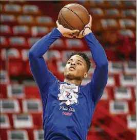  ?? MARK BROWN/GETTY IMAGES ?? The 76ers’ Markelle Fultz warms up before Game 4 of of the first round against the Heat April 21 at American Airlines Arena in Miami.