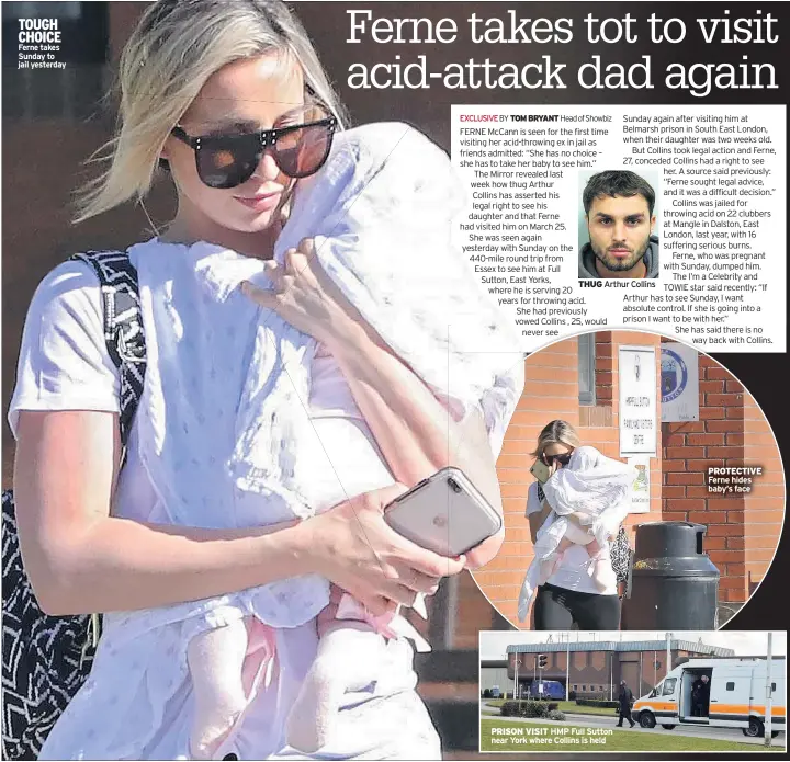  ??  ?? TOUGH CHOICE Ferne takes Sunday to jail yesterday THUG Arthur Collins PRISON VISIT HMP Full Sutton near York where Collins is held PROTECTIVE Ferne hides baby’s face