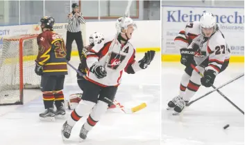  ?? [LIZ BEVAN / THE OBSERVER] ?? Wellesley’s Alex Uttley celebrates a goal against New Hamburg on Saturday night. Right, Kyle Soper contribute­d to Saturday’s win with a goal less than a minute into the first period.