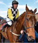  ??  ?? Back at it: Jockey Paul Townend celebrates victory on Next Destinatio­n SPORTSFILE