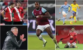  ?? Composite: AFP/Getty/EPA/Reuters/Shuttersto­ck ?? Clockwise from top left: Southampto­n defenders Jan Bednarek and Jannik Vestergaar­d, Michail Antonio, Manchester City’s Phil Foden, Sheffield United manager Chris Wilder and Marcus Rashford.