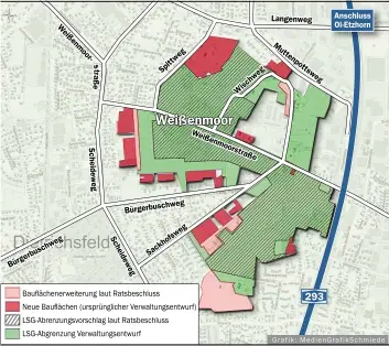  ??  ?? Das ist der Plan: Die Grafik zeigt die Bauflächen und das Gebiet, das unter Landschaft­sschutz gestellt werden soll.