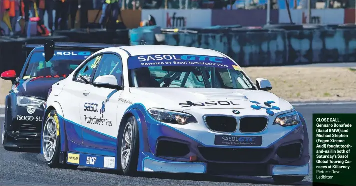  ?? Picture: Dave Ledbitter ?? CLOSE CALL. Gennaro Bonafede (Sasol BMW) and Michael Stephen (Engen Xtreme Audi) fought toothand-nail in both of Saturday’s Sasol Global Touring Car races at Killarney.