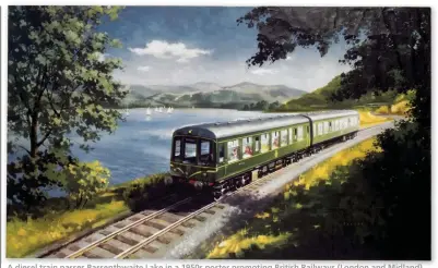  ??  ?? A diesel train passes Bassenthwa­ite Lake in a 1950s poster promoting British Railways (London and Midland)