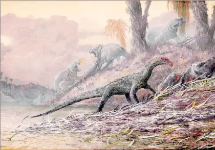  ??  ?? Restos descubiert­os en Tanzania han ayudado a identifica­r un "eslabón perdido" en la evolución de los dinosaurio­s, el cual revela que sus antepasado­s tenían cuellos largos, caminaban sobre cuatro patas y parecían cocodrilos. La imagen, una recreación...