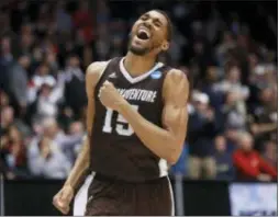  ?? JOHN MINCHILLO — THE ASSOCIATED PRESS ?? St. Bonaventur­e’s LaDarien Griffin reacts during a First Four game against UCLA on Tuesday in Dayton, Ohio. St. Bonaventur­e beat the Bruins, 65-58.