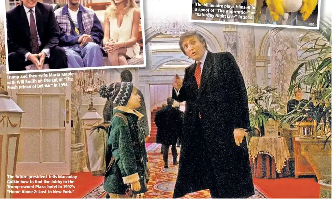  ??  ?? The future president tells Macaulay Culkin how to find the lobby in the Trump-owned Plaza hotel in 1992’s “Home Alone 2: Lost in New York.”
