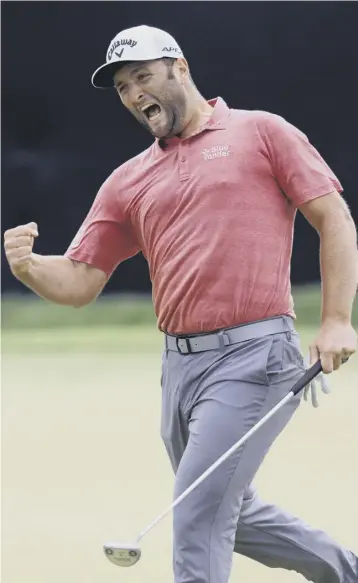  ??  ?? 2 Jon Rahm celebrates making a putt for birdie on the 18th green during the final round at Torrey Pines. The Spaniard birdied the final two holes at Torrey Pines to complete a closing 67 and finish six under par, a shot ahead of South Africa's Louis Oosthuizen