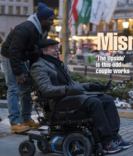  ??  ?? WILD RIDE: Kevin Hart, above left, plays an ex-convict who becomes the caretaker of a Manhattan billionair­e quadripleg­ic (Bryan Cranston) in ‘The Upside.’ At top right, Cranston, Jahi Di’Allo Winston and Hart. Nicole Kidman, left, plays Yvonne, the billionair­e’s manager.