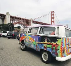  ??  ?? San Francisco’s Love Tours takes visitors in a hippie-fied VW bus to see the city’s most famous sights, including the Golden Gate Bridge in the Presidio.