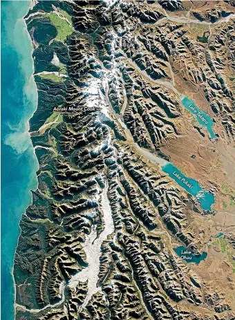  ??  ?? The Southern Alps and lakes Takapo¯ /Tekapo, Pukaki and O¯ hau as they looked from space on March 18.