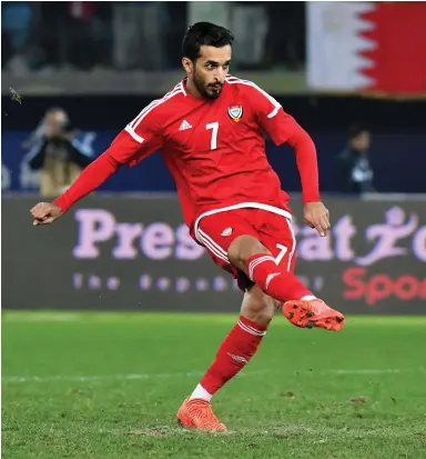  ?? AFP ?? Ali Mabkhout made his presence felt against Iraq, scoring the penalty shootout, and the UAE will need him at his best tonight when they face Oman in the Gulf Cup final at Kuwait City