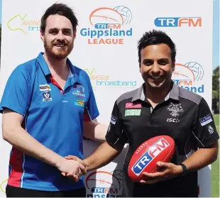  ??  ?? Dual premiershi­p coach with Morwell Harmit Singh (right) is returning to Gippsland - briefly - to coach Gippsland League’s inter-league team. He was welcomed to the appointmen­t by the the league’s operations co-ordinator Daniel Heathcote.