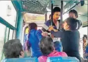  ??  ?? A screen grab shows two sisters beating up three men on a moving bus after they accused the youth of harassing them. The men were, however, absolved of charges by a local court for want of evidence.