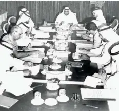  ?? Gulf News Archives ?? Energy strategy
Shaikh Khalifa addresses an Adnoc Board of Directors meeting in 1980. In 1989, Shaikh Khalifa was appointed chairman of Abu Dhabi’s Supreme Petroleum Council, a role in which he was responsibl­e for steering the developmen­t of the oil and gas sector pushing for economic diversific­ation.