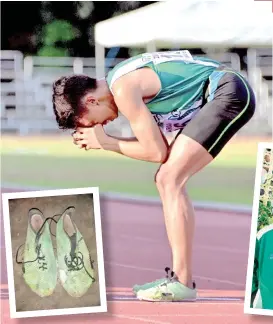  ?? ARJOY CENIZA ?? TEARS OF JOY. Lorenz “Soysoy” Datiles of Santo Tomas, Davao del Norte reacts after a gold medal finish in one of his five events in the recently concluded Davao Region Athletic Associatio­n (Davraa) Meet 2024 athletics competitio­n at the University of Mindanao (UM) track oval.