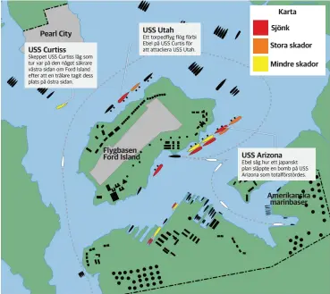  ??  ?? Ebel såg hur ett japanskt plan släppte en bomb på USS Arizona som totalförst­ördes.