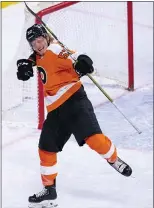  ?? CHRIS SZAGOLA – THE ASSOCIATED PRESS ?? Flyers rookie Wade Allison is pumped up after scoring his first NHL goal during the third period Saturday at Wells Fargo Center. Allison’s goal was a brief bright spot in a 6-3Flyers loss to the Washington Capitals.
