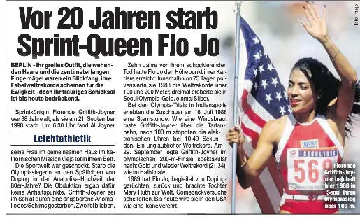  ??  ?? Florence Griffith-Joyner bejubelt hier 1988 in Seoul ihren Olympiasie­g über 100 m.