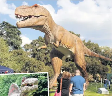  ??  ?? Jurassic Kingdom comes to Stanley Park in Blackpool from August 3-13, featuring life-sized models of dinosaurs such as the T-Rex, above and the spinosauru­s, left