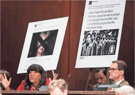  ??  ?? Rep. Terri Sewell, D-Ala., left, questions Facebook's General Counsel Colin Stretch on the role that the company's lack of diversity played in the spread of racist messages by fake Russian accounts. MANUEL BALCE CENETA/AP