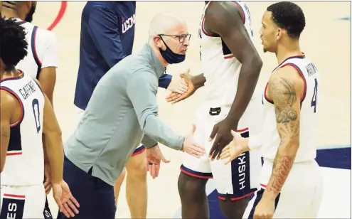  ?? David Butler II / USA Today ?? UConn coach Dan Hurley reacts as his players come off the court during the first half of Friday’s win over Hartford.