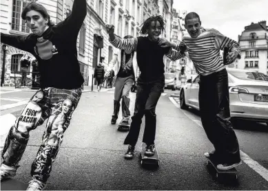  ??  ?? On the boulevard: still from an upcoming video project shot in Paris by Luka Arbay and styled by Paul Hameline, featuring a group of exciting Parisian skateboard­ers showcasing Gaultier’s new collaborat­ive creative direction. The video drops on L’Uomo Vogue social platforms in April.