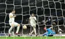  ?? Courtois. Photograph: Javier Soriano/AFP/ ?? The ball ricochets off Éder Militão (centre) and into the net after Franck Kessié’s shot had been saved by Thibaut