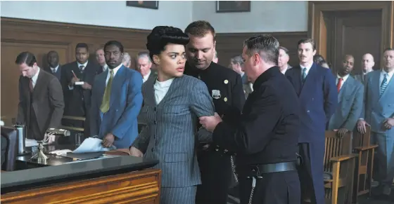  ?? Takashi Seida / Hulu ?? Andra Day in “The U.S. vs. Billie Holiday.” The famed singer was arrested multiple times on drugrelate­d charges.
“The United States vs. Billie Holiday” (R) is available to stream on Hulu.