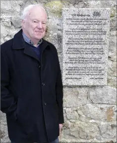  ??  ?? RIGHT: Tommy O’Rourke with the marble plaque engraved with the poem he wrote for the 2016 anniversar­y. FAR RIGHT: John Flynn lays the wreath on behalf of the committee. BELOW: The wreath-laying to mark the anniversar­y of the rising at Kilmacanog­ue 1916...