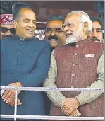  ?? HT ?? n Newly swornin CM of Himachal Pradesh Jairam Thakur with Prime Minister Narendra Modi in Shimla on Wednesday. Eleven ministers also took oath along with Thakur.