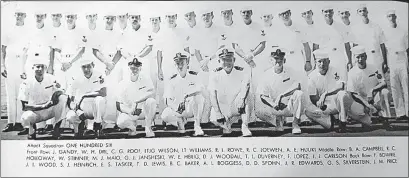  ?? [U.S. NAVY] ?? Steve Heinrich, third from left in the rear, is part of the official photo of crew members of the USS Forrestal in 1967. The aircraft carrier had more than 5,000 officers and enlisted men aboard.