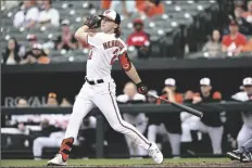  ?? GAIL BURTON/AP ?? BALTIMORE ORIOLES’ GUNNAR HENDERSON bats against the Houston Astros in a game on Sept. 25, 2022 in Baltimore.