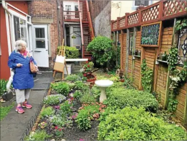  ?? PHOTOS BY NICHOLAS BUONANNO — NBUONANNO@TROYRECORD.COM ?? Julie Lomoe admires the garden behind the home 119th 2nd St. during the 18th annual Hidden Garden Tour om Thursday.