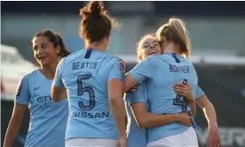  ??  ?? Gemma Bonner’s goal helped Manchester City edge past Liverpool to move level at the top of the Women’s Super League. Photograph: Tom Flathers/Man City via Getty Images