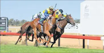  ??  ?? Megan Taylor taking Victorian Crown (outside) past the post to win the Eagle I Machinery Autumn Cup on Saturday.