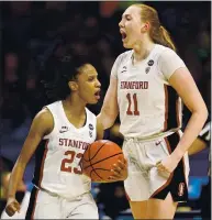  ?? ELSA — GETTY IMAGES ?? Stanford’s Kiana Williams, left, celebrates with Ashten Prechtel during the fourth quarter in the Final Four game against South Carolina at the Alamodome in San Antonio.