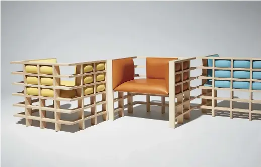 ??  ?? Above — The Mochi chairs (2018) showcase a uniformly gridded timber frame. Photograph­y: Pete Daly.