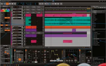  ??  ?? NEW MENUS The standard menu bar has been ‘buttonifie­d’ and reconfigur­ed RESIZABLE TRACKS You can now change the height of tracks in the Arranger! It’s the little things… INSPECTOR The Inspector has been tidied up, with various buttons relocated to menus PINNED MENU ENTRIES Any menu entry can be pinned to the toolbar, next to its parent menu button DYNAMIC DISPLAYS Certain devices now include spectrum analysers and other animated elements DASHBOARD Launch the Bitwig Dashboard, for project management, documentat­ion and more CROSSFADES Apply fades and crossfades to audio clips with ease NEW FX A ton of new audio and Note FX have been added for v2