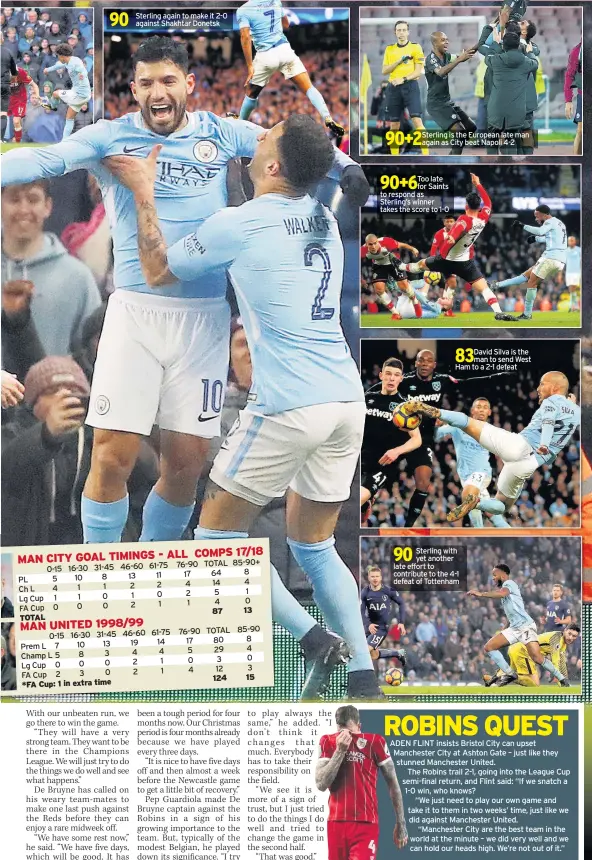  ??  ?? 90 Sterling again to make it 2-0 against Shakhtar Donetsk 90+2 Sterling is the European late man again as City beat Napoli 4-2 90+6 Too late for Saints to respond as Sterling’s winner takes the score to 1-0 83 David Silva is the man to send West Ham to...